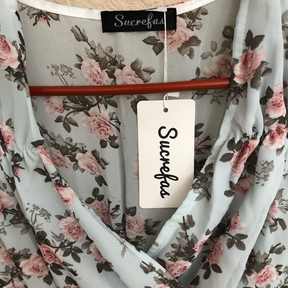 Sweet Pea Light Blue Midi Dress with Pink Floral Print - Picture 6 of 7
